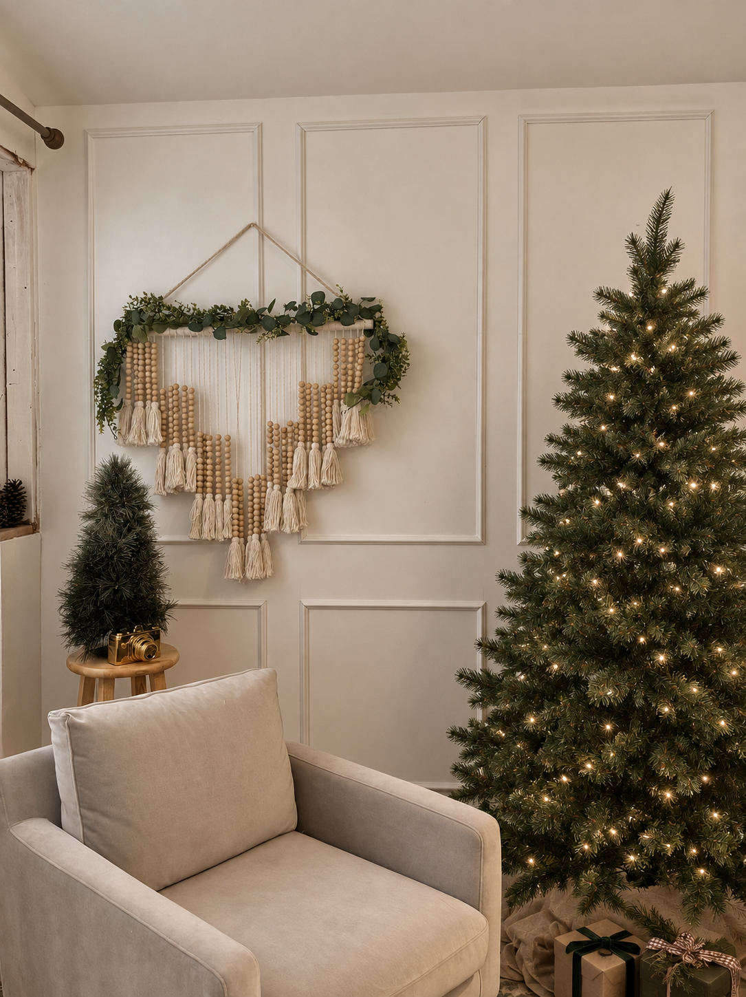 Cozy decorated porch with rocking chair, Christmas tree, string lights, pampas grass, and candle lanterns at dusk.