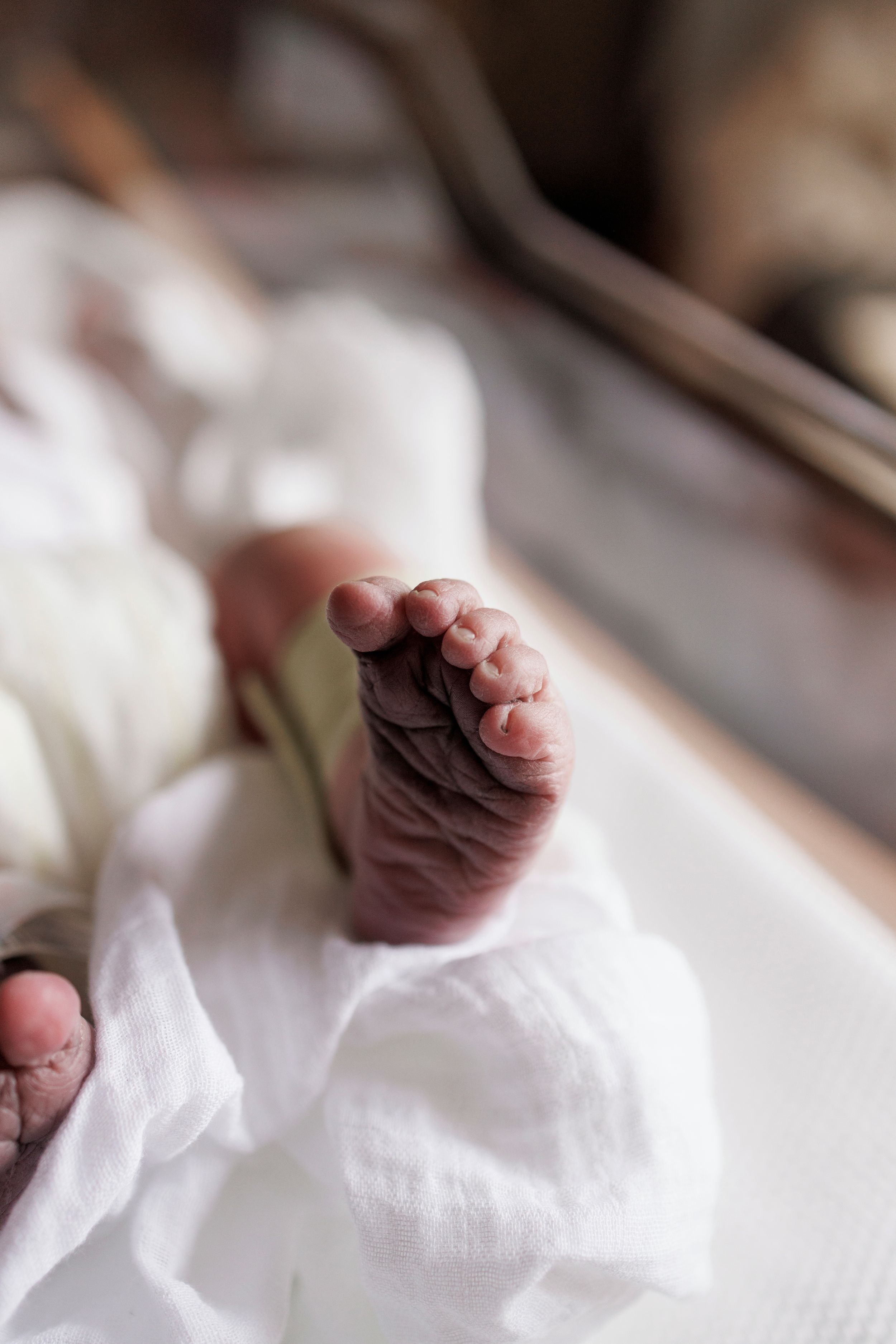 Close-up of a newborn baby's tiny feet wrapped in a soft white muslin swaddle blanket.