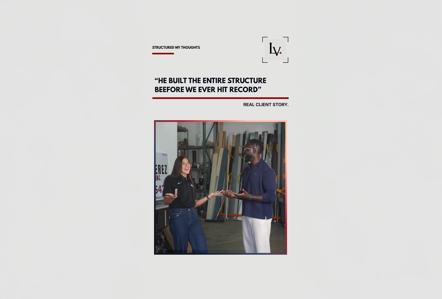 Two music professionals discussing studio structure strategy in a creative workspace, featured in a real client success story.
