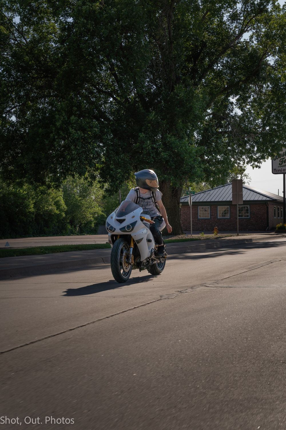 Motorcyclist in white helmet riding a white sport bike on a suburban road surrounded by large green trees.