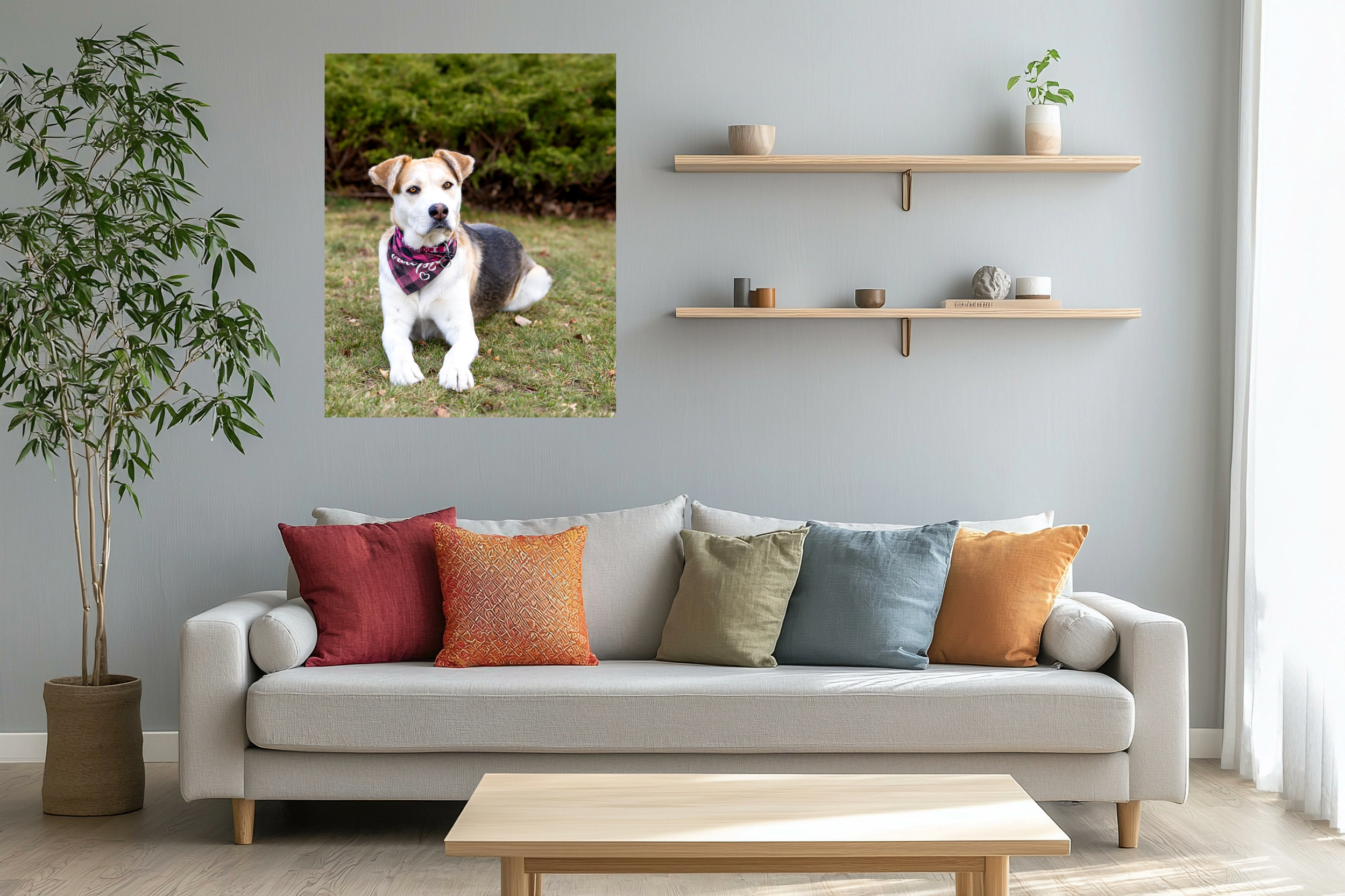 A happy Jack Russell Terrier wearing a purple bandana displayed as wall art above a modern gray sofa with colorful pillows.