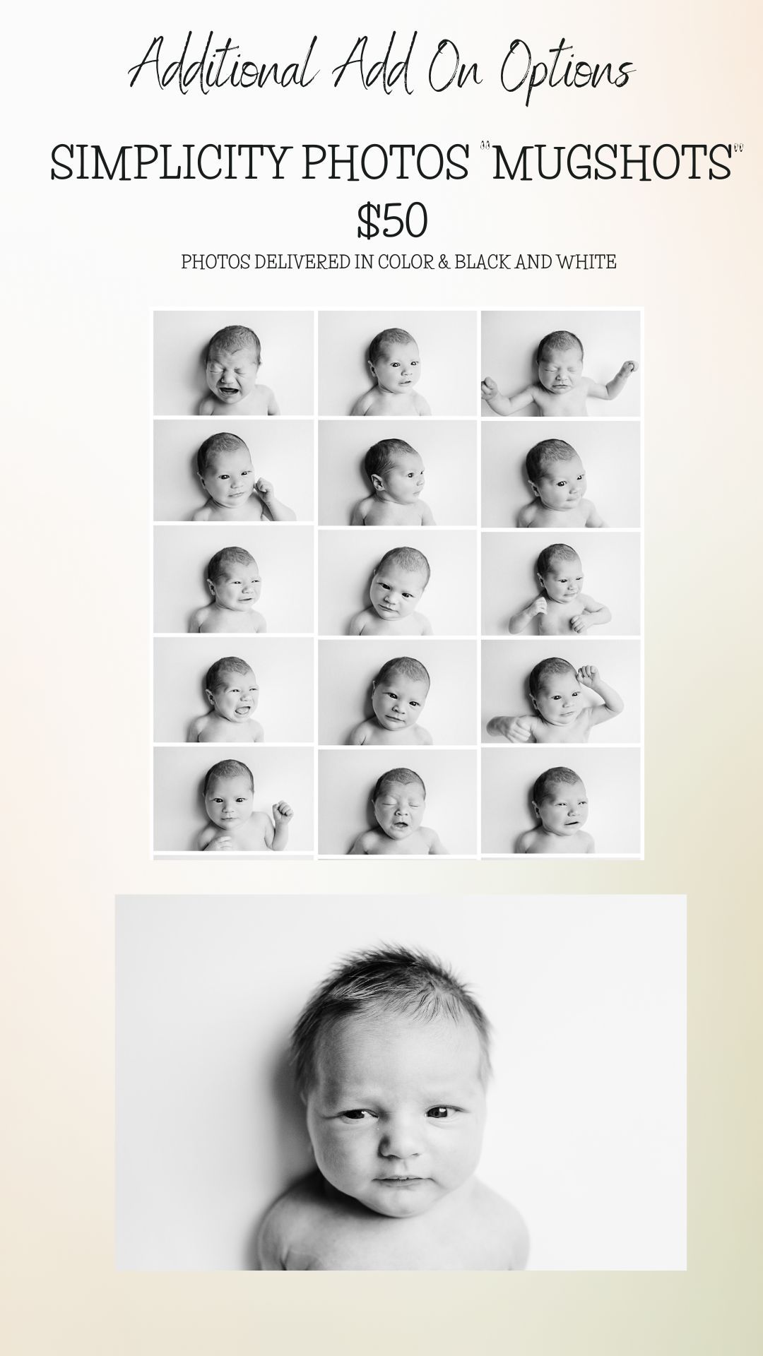 Black and white newborn mugshot photos collage showing 12 close-up portraits plus one large baby face, $50 add-on option.