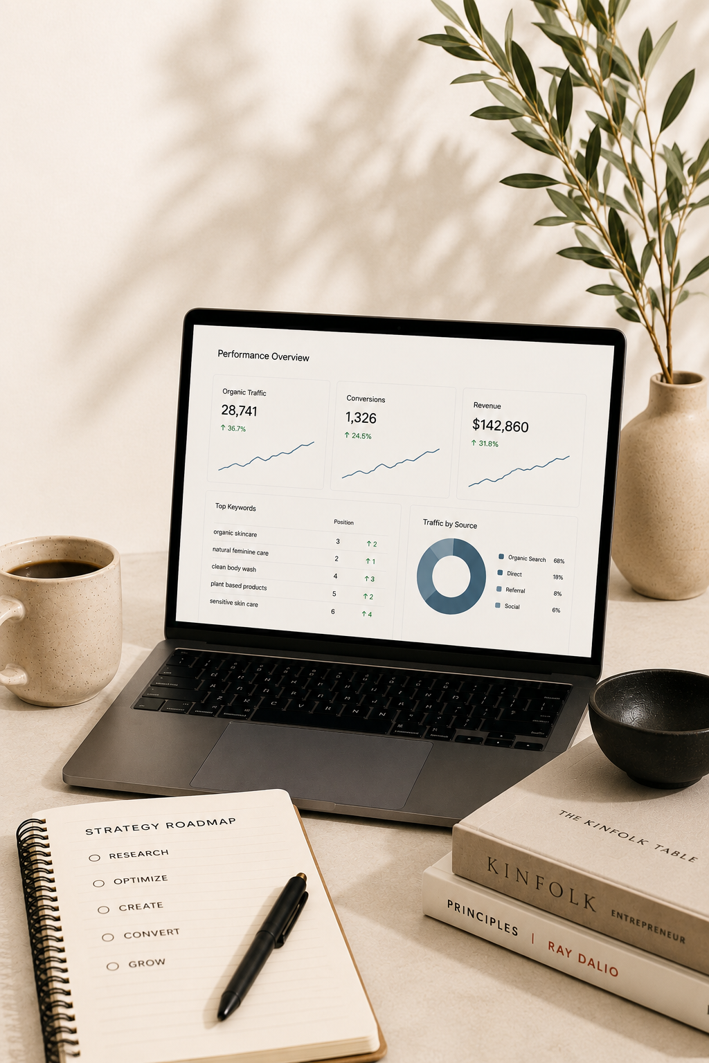Laptop displaying performance overview dashboard on a minimalist desk with notebook, pen, books, and plant decor.