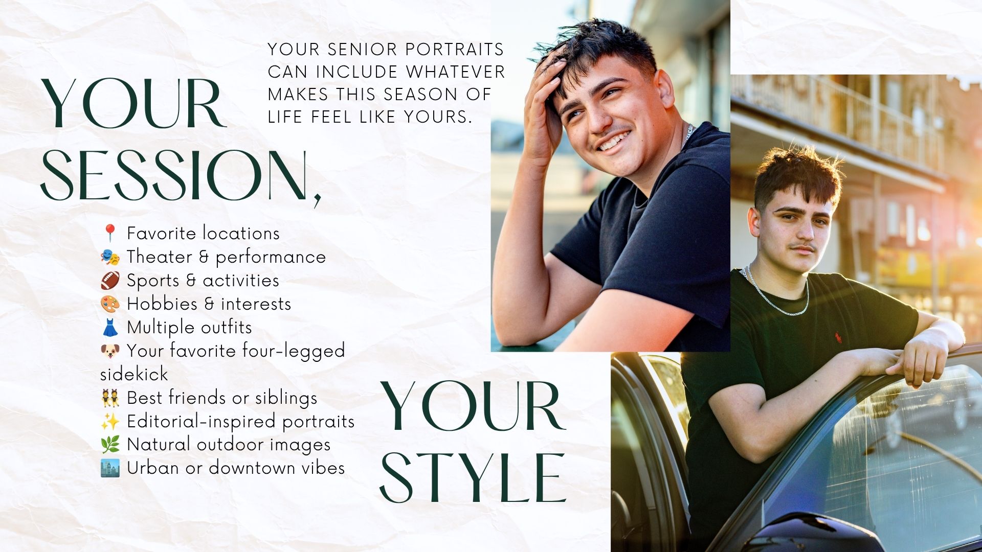 Senior portrait promotional graphic featuring two teenage boys posing outdoors with text about customizable photography session options.