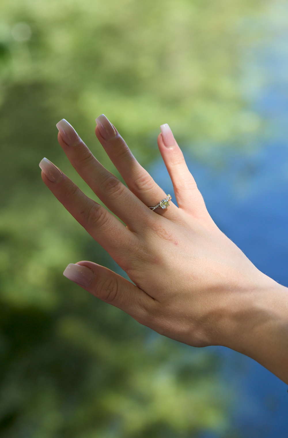 A woman's hand with French manicure nails wearing a delicate gold ring, posed against a blurred green and blue nature background.