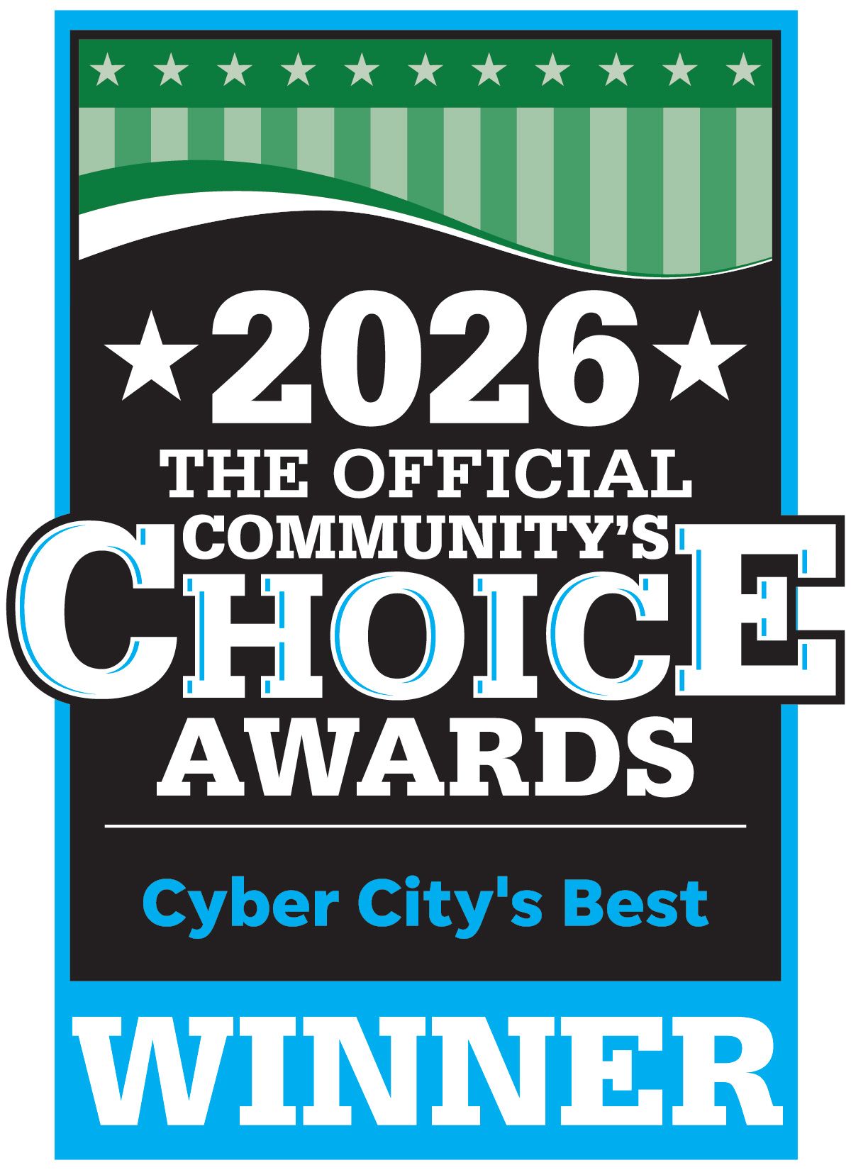 2026 Official Community's Choice Awards badge for Cyber City's Best Winner with stars and green stripes.