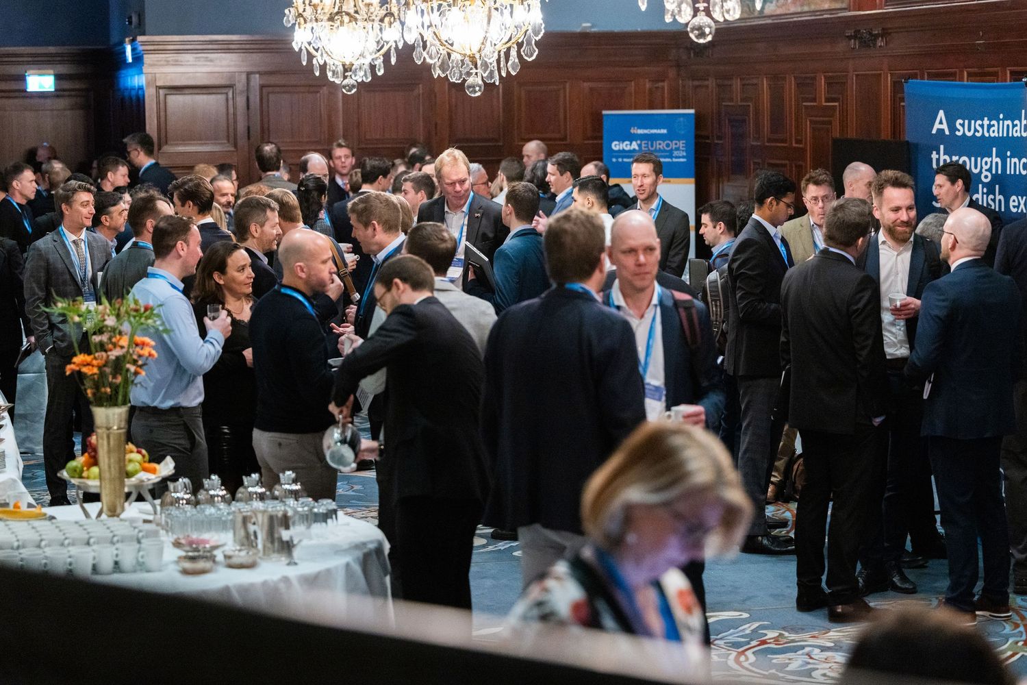 Business professionals networking at a corporate event.