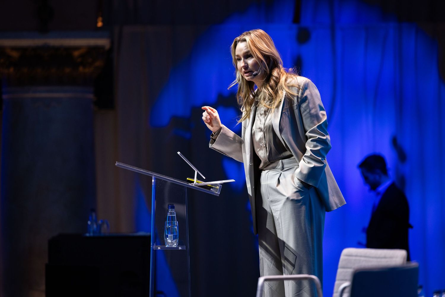 Swedish politician Ebba Busch delivering a keynote speech at Grand Hôtels Vinterträdgården.