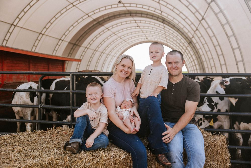 Family of four poses on hay bales in a dairy barn with Holstein cows, celebrating a new baby.