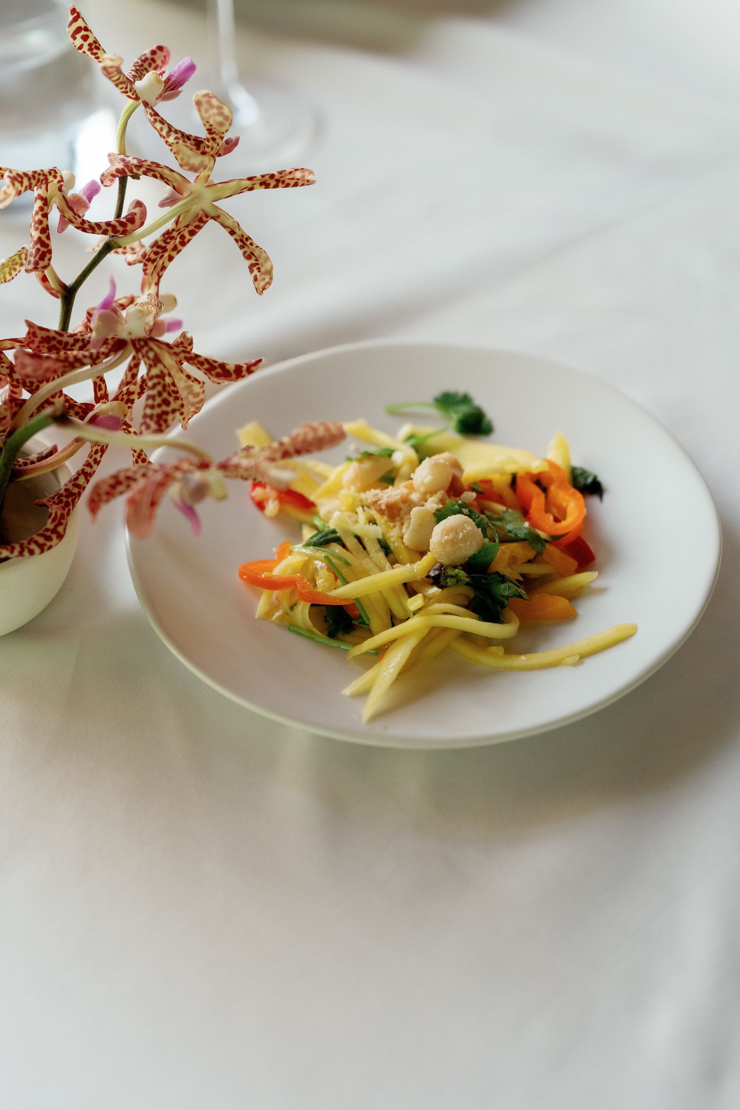 Colorful stir-fried vegetables with peppers and greens on a white plate, garnished with orchid flowers nearby.