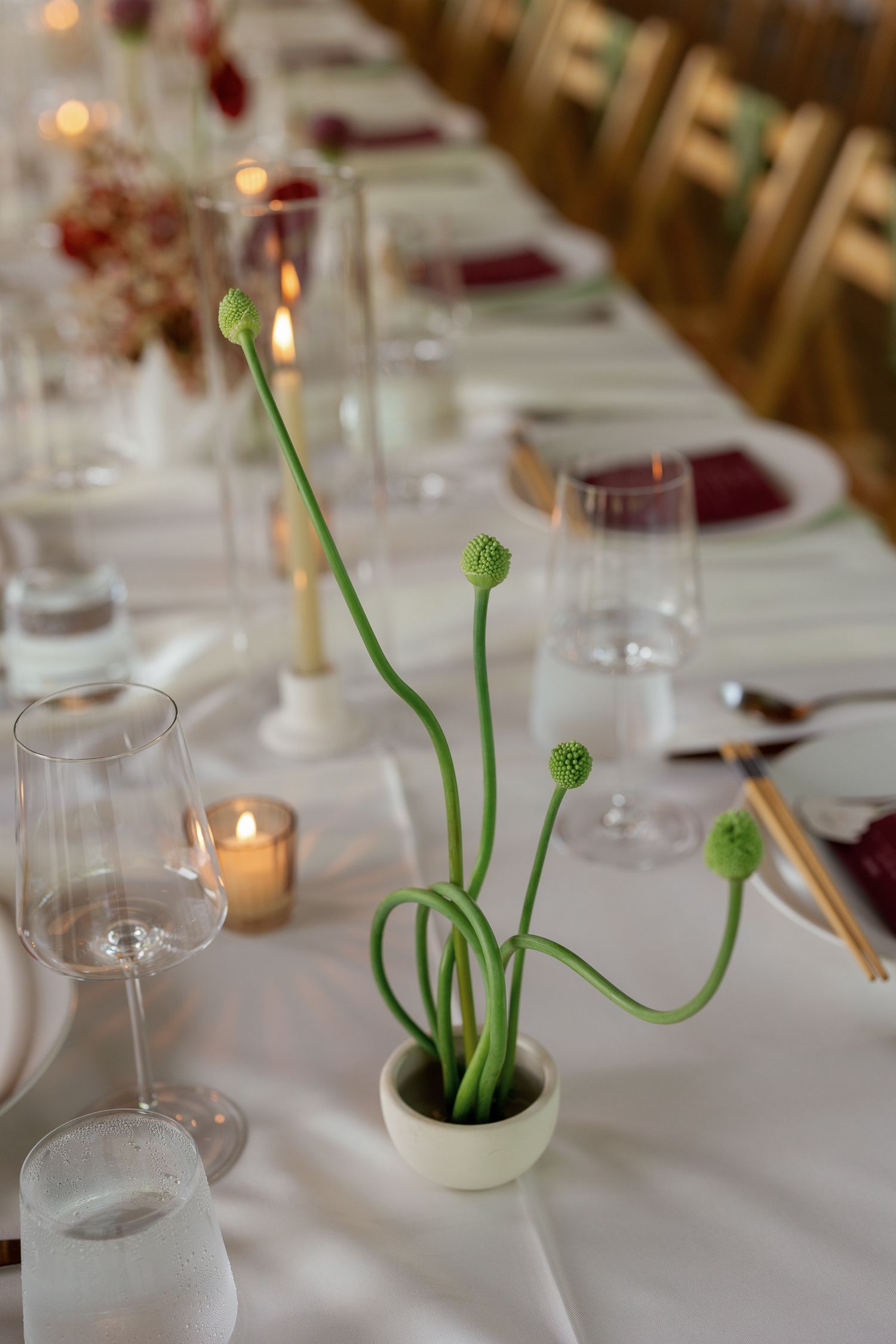 Minimalist green allium bud centerpiece in white pot on elegantly set wedding reception table.