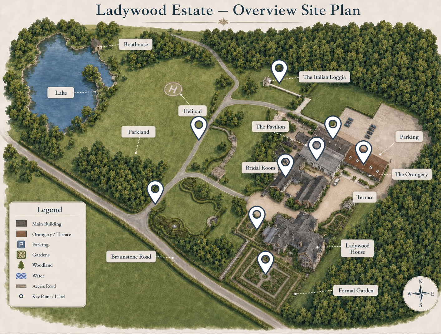 Ladywood Estate overview site plan map showing grounds layout with lake, parkland, formal gardens, and key buildings marked.