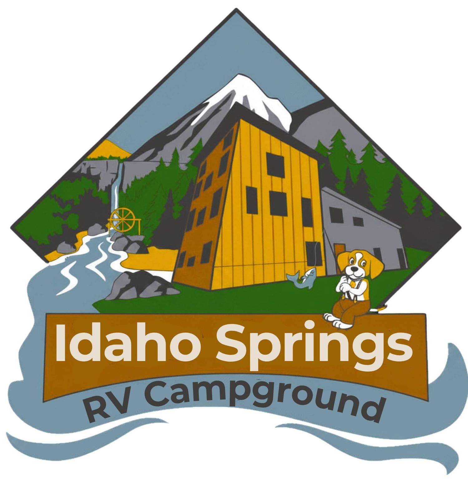 Idaho Springs RV Campground logo featuring mountains, a historic building, and cartoon bear mascot.