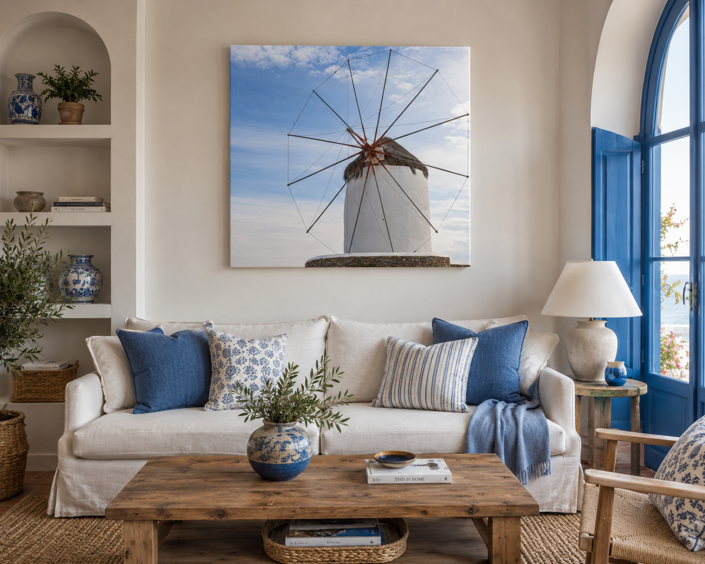 Greek-inspired living room with white sofa, blue pillows, wood coffee table, and windmill canvas art.