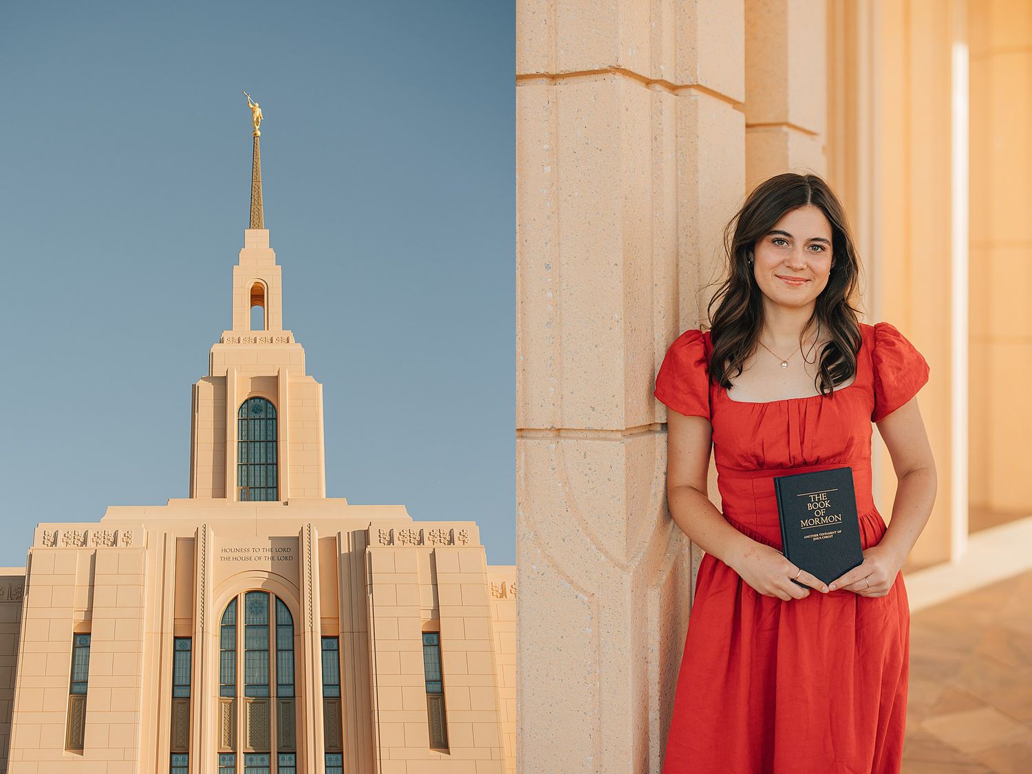 LDS temple spire at sunset and woman in red dress holding scriptures by stone columns.