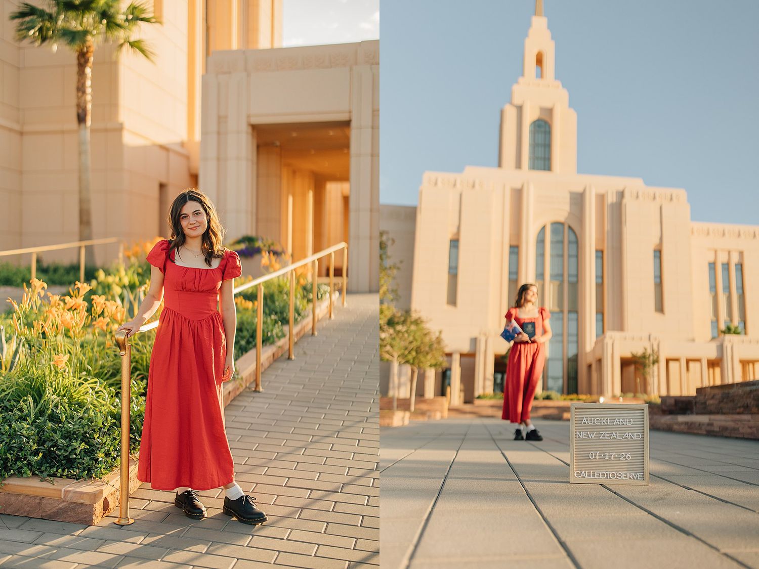 Woman in red dress poses near a grand LDS temple entrance in warm golden sunlight.