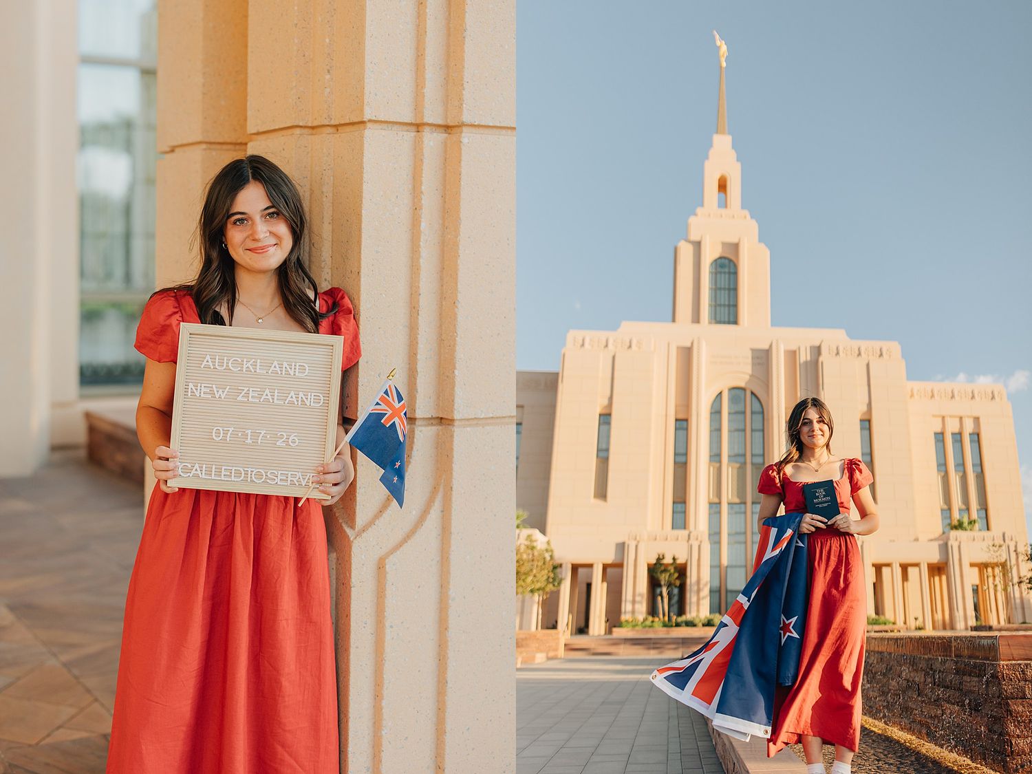 Woman in red dress holds a framed sign with an Australian flag near a white LDS temple outdoors.