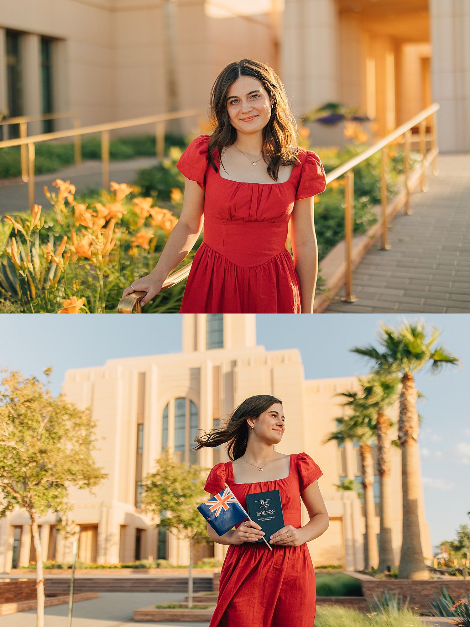 Young woman in red dress poses near golden flowers and a white temple building during golden hour photography session.