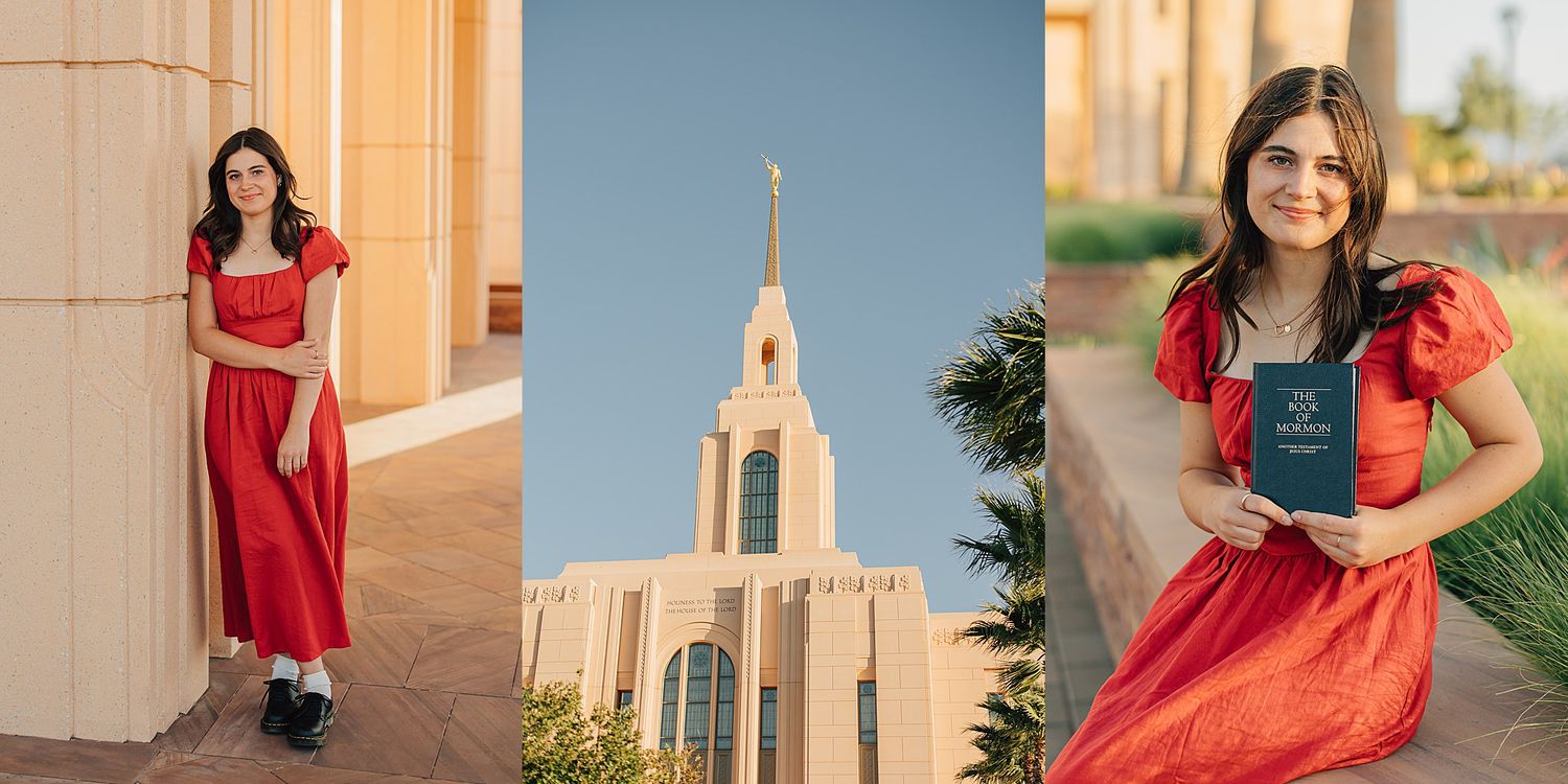Young woman in red dress poses near white temple architecture, holding scripture book outdoors.