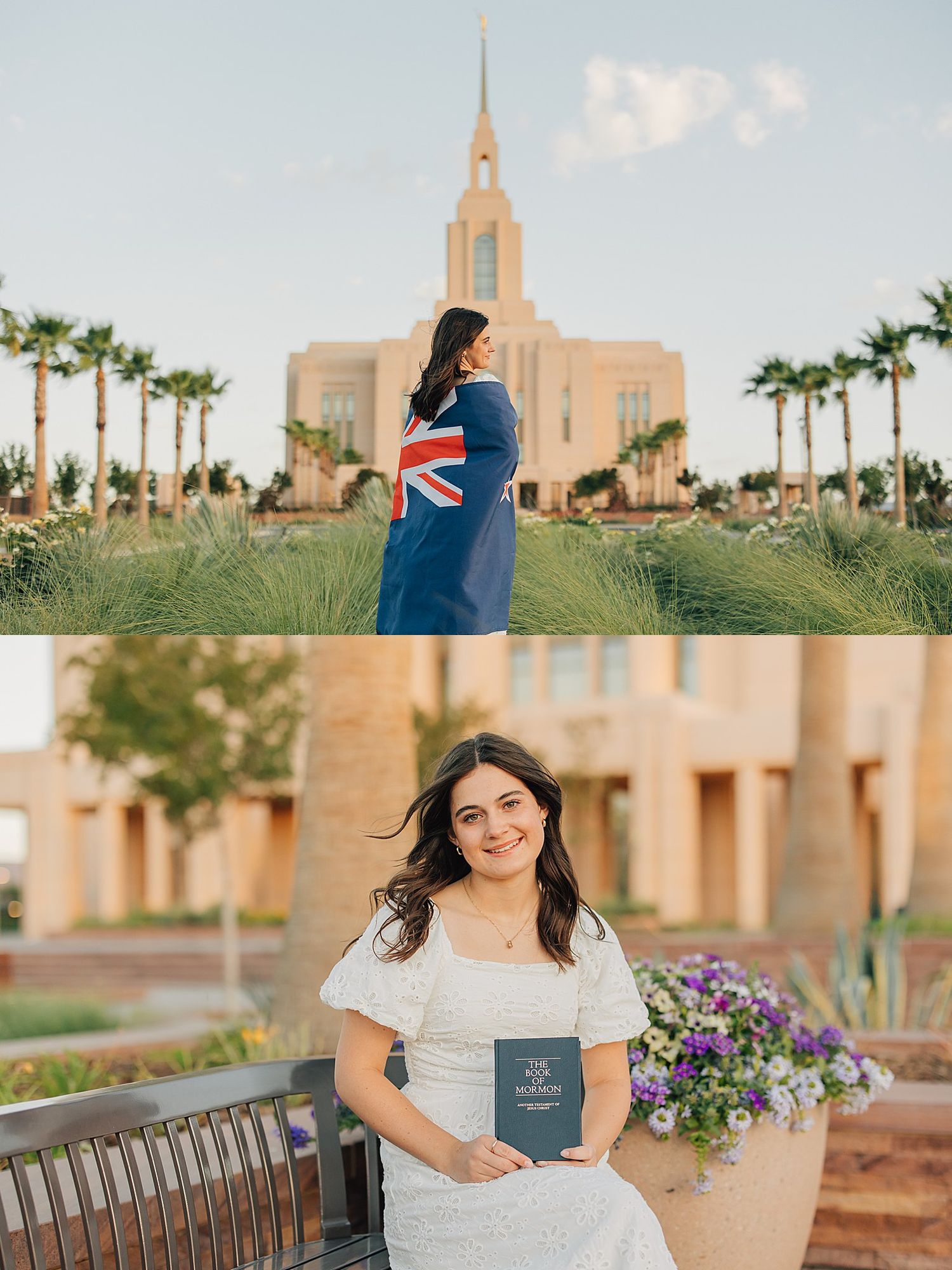 Young woman draped in Australian flag stands before LDS temple with palm trees, another poses in white dress holding scripture book.