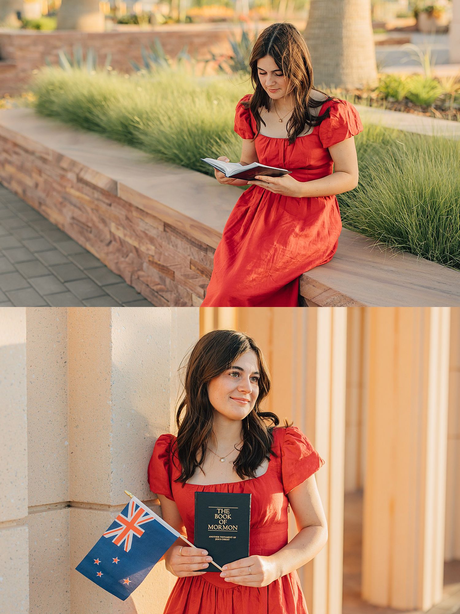 Young woman in red dress reading scripture outdoors, then holding Book of Mormon and New Zealand flag.