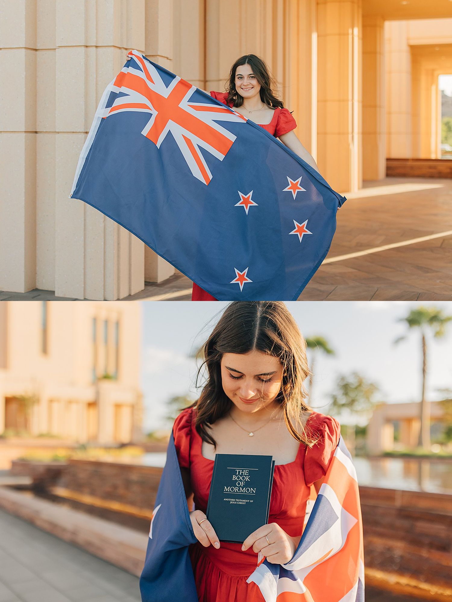 Young woman in red dress holding New Zealand flag outdoors, then reading the Book of Mormon wrapped in the flag.