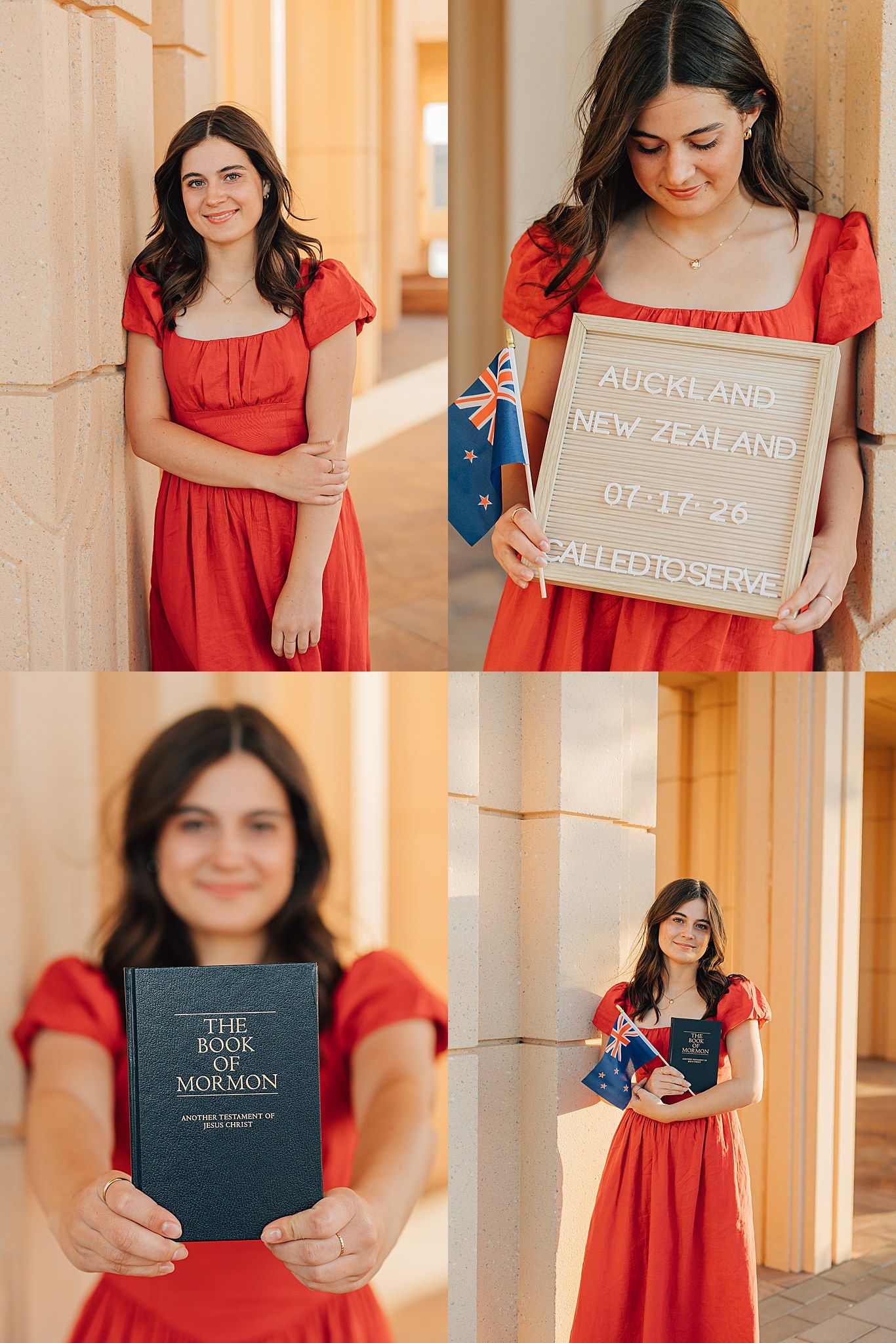 Young woman in red dress poses with Book of Mormon and Auckland New Zealand mission call sign, dated 07-17-26.