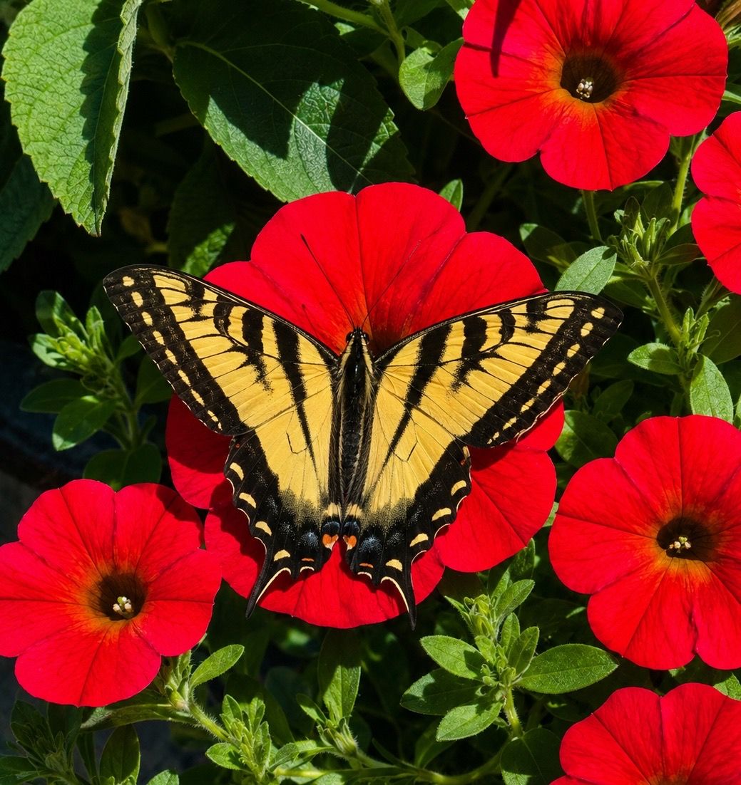 A vibrant Eastern Tiger Swallowtail butterfly with yellow and black wings rests on bright red petunias surrounded by green leaves.