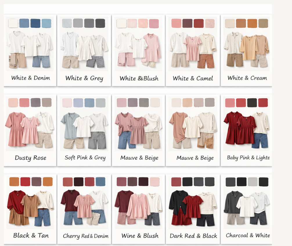 Color-coordinated family outfit combinations chart featuring 15 palette options including blush, denim, rose, and charcoal styles.
