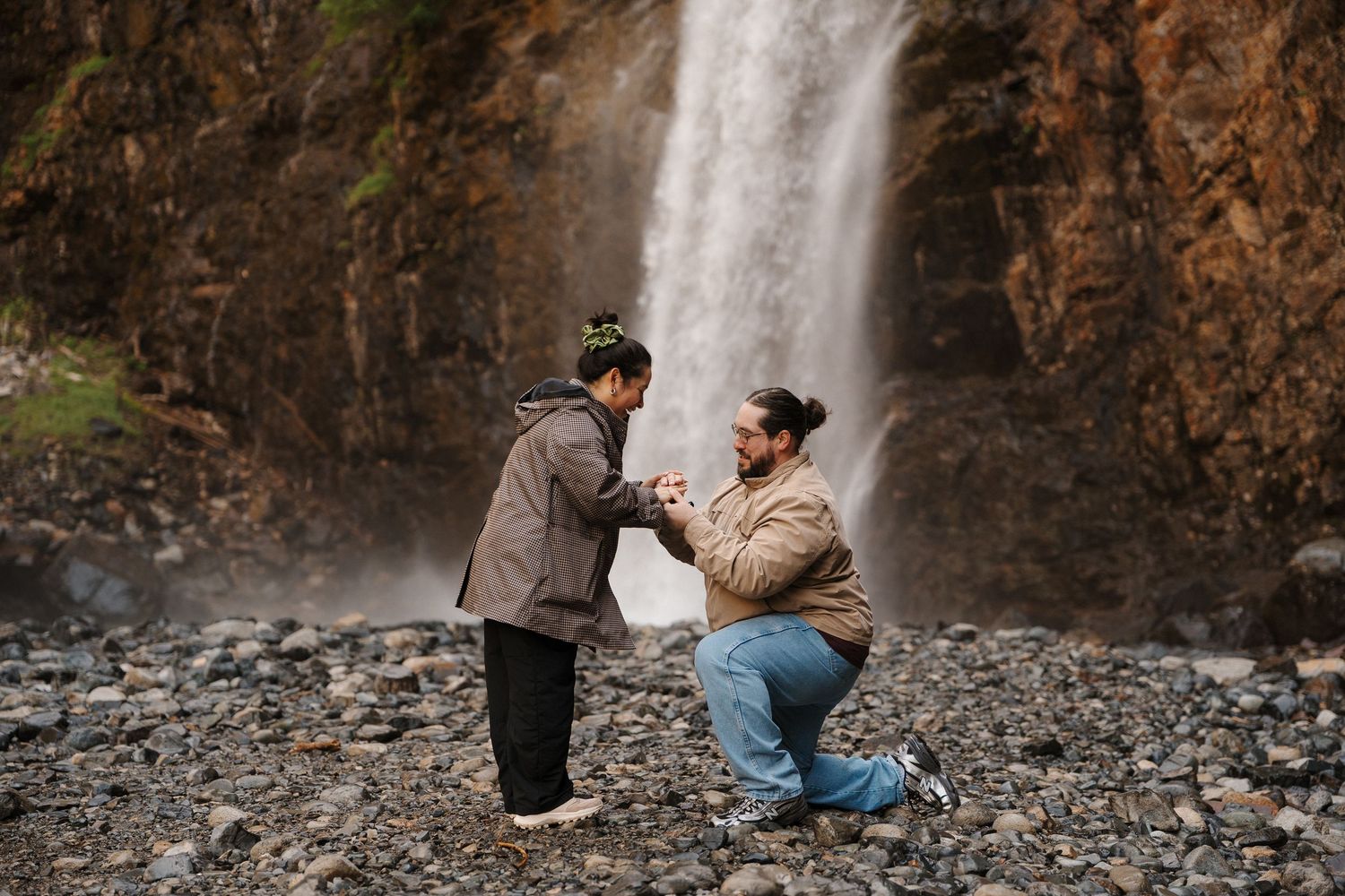 Rick and Desiree during their proposal moment at Franklin Falls in Washington state