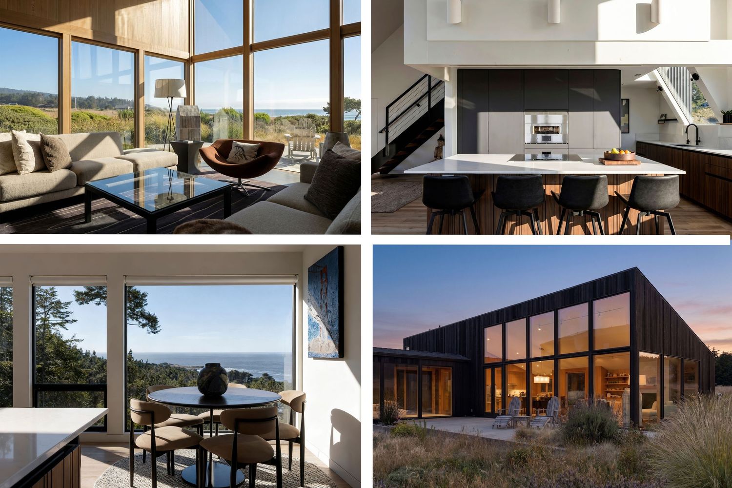 Modern coastal home interior and exterior views showcasing ocean vistas and contemporary architecture.