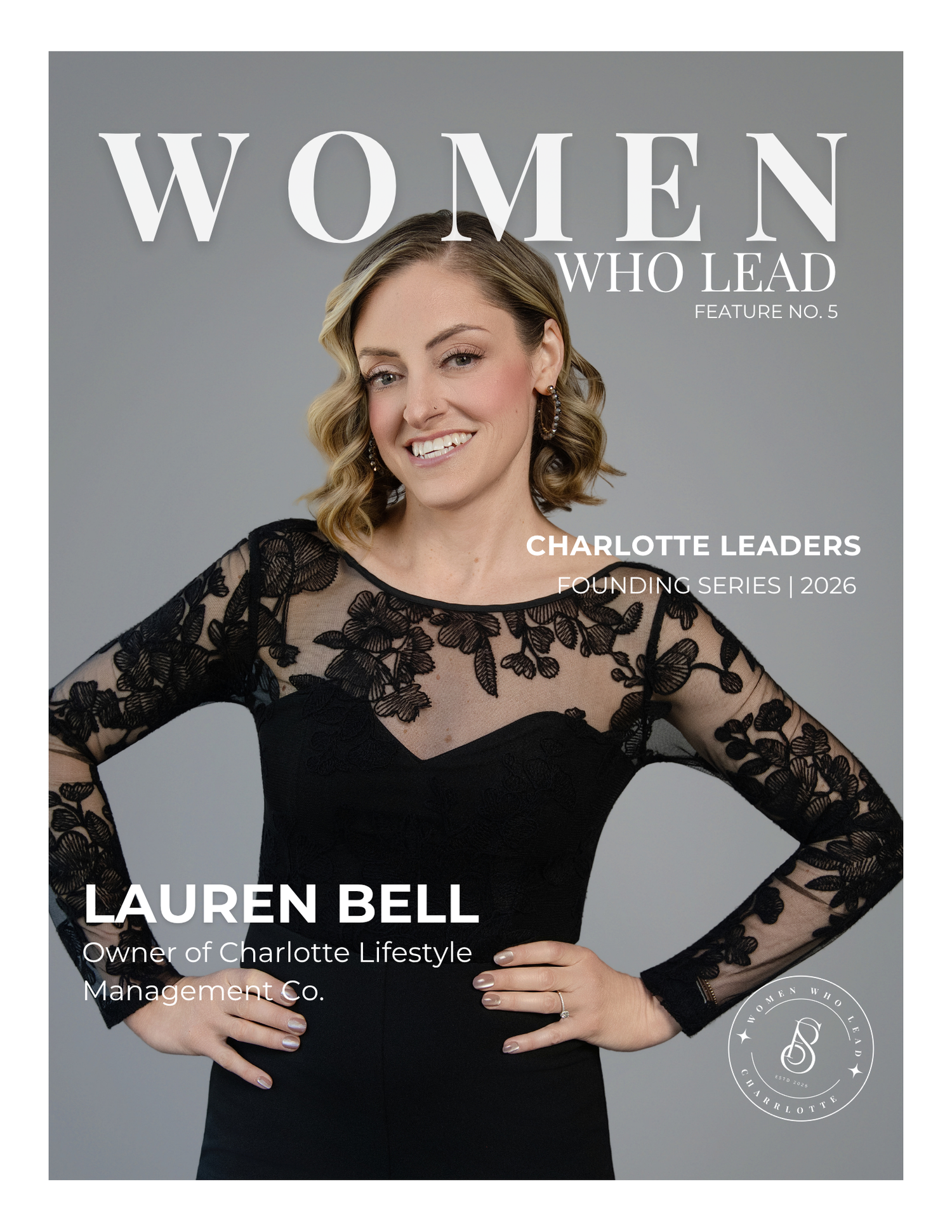 Lauren Bell, Owner of Charlotte Lifestyle Management Co., featured on Women Who Lead magazine cover, smiling in black lace dress.