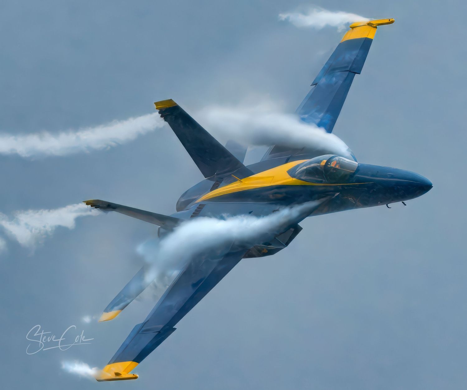 A single US Navy Blue Angels F/A-18 Hornet banks steeply through white vapor plumes, executing a dynamic high-speed maneuver. Fine art photo