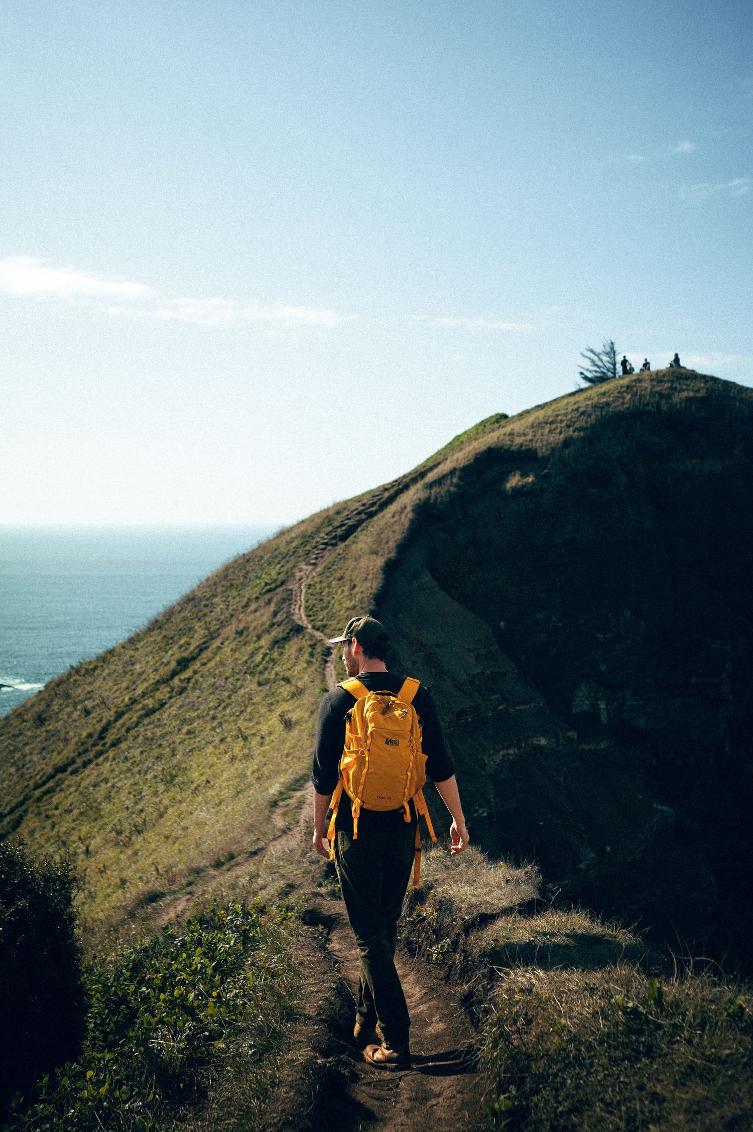 Hiker with yellow backpack walking on a narrow coastal trail up a green hillside with ocean views.