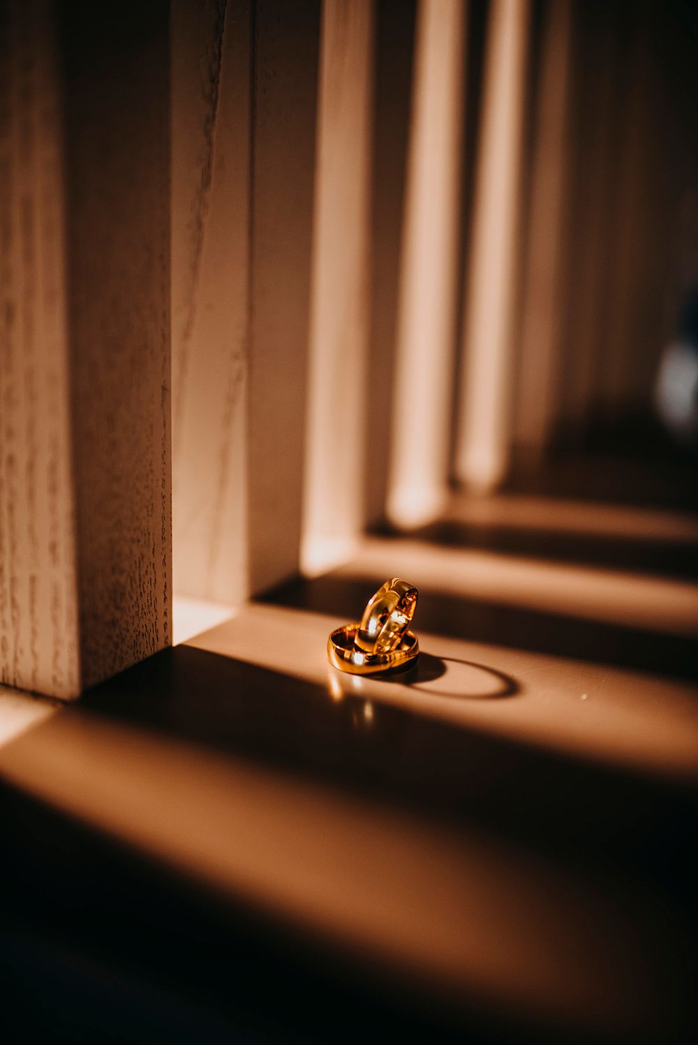 Two gold wedding rings resting on a sunlit windowsill with warm shadows and light creating a romantic atmosphere.