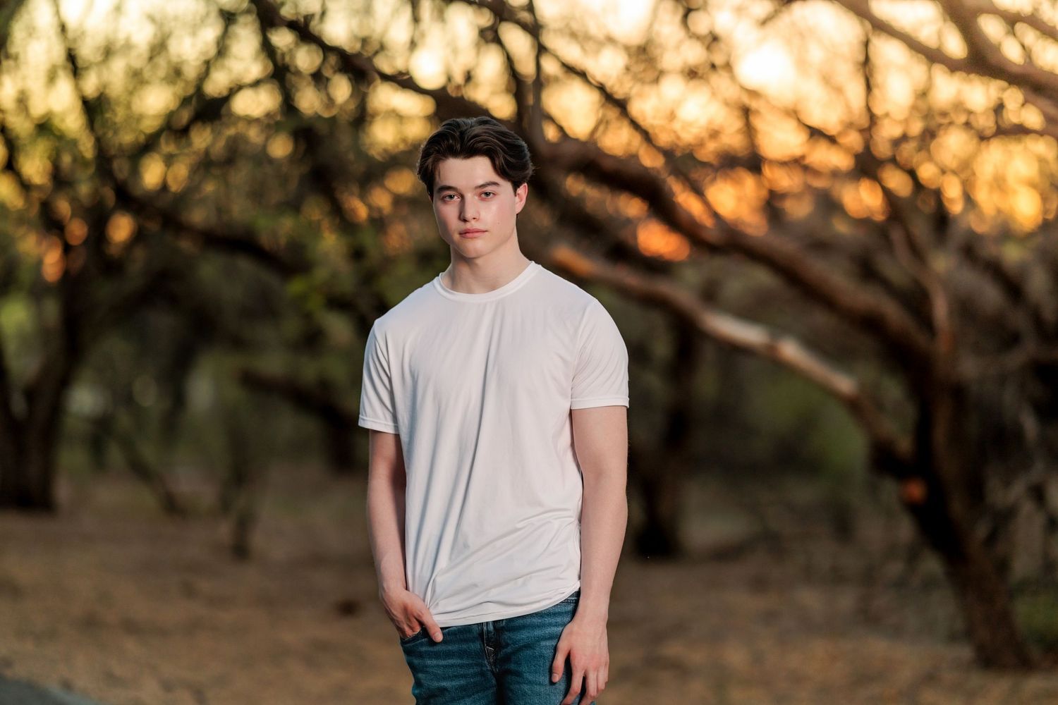 senior boy in the golden sunlight posing near the trees
