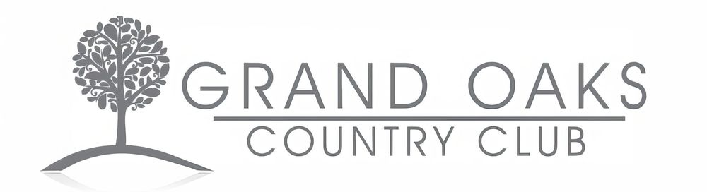 Grand Oaks Country Club logo featuring a detailed tree illustration above a rolling hill with elegant serif typography.