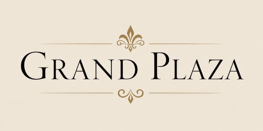Grand Plaza elegant logo with ornate gold fleur-de-lis emblem on a cream background.