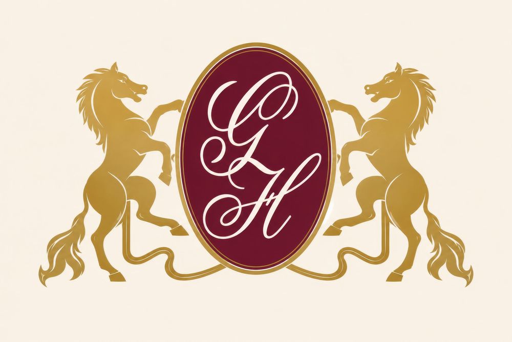 Gold rampant horses flank a burgundy oval crest with elegant GL monogram initials on a cream background.