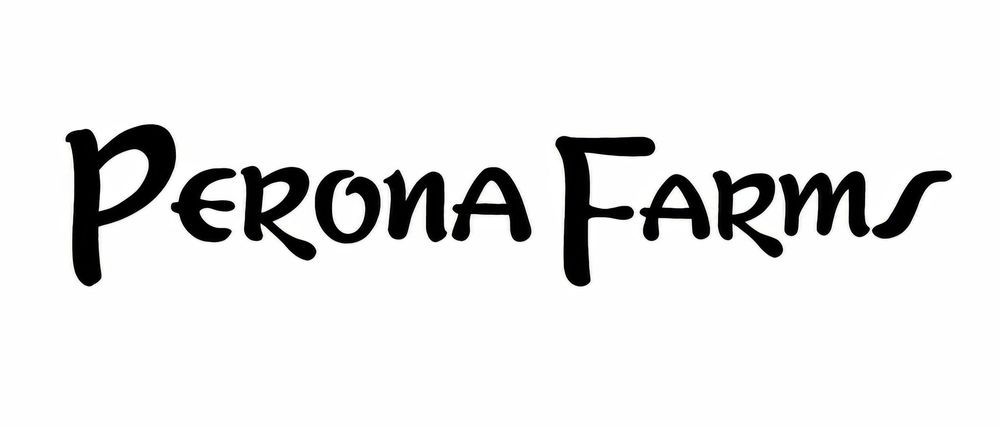 Black and white logo for Perona Farms featuring stylized handwritten typography on a white background.