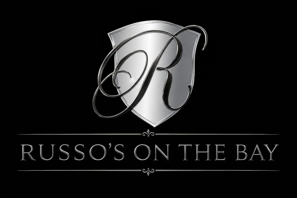 Russo's on the Bay elegant silver shield monogram logo on black background.