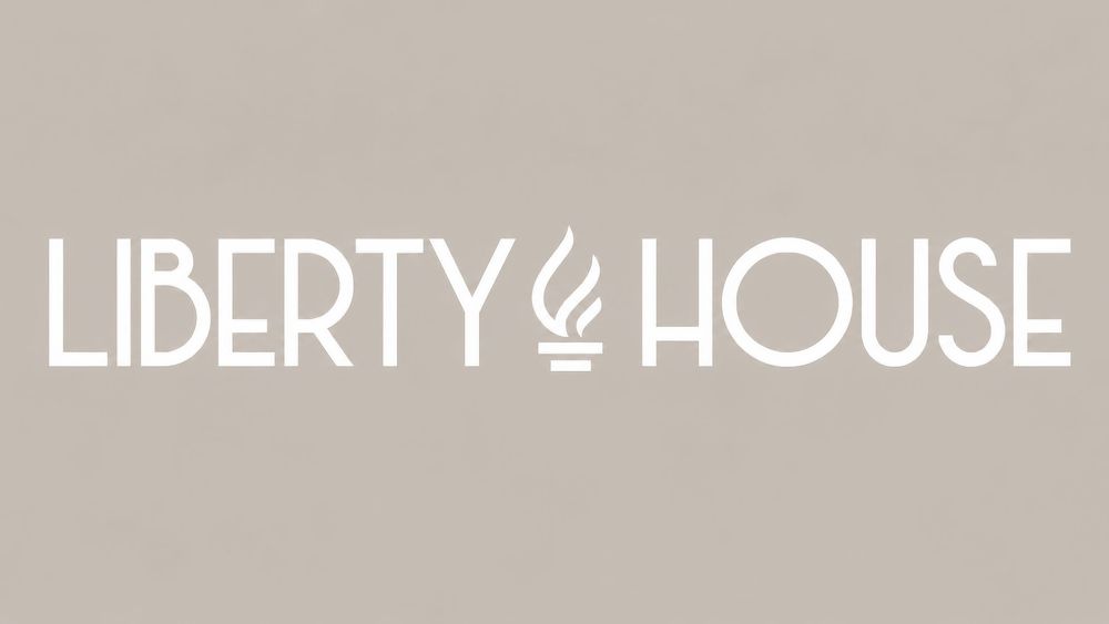 Liberty House restaurant minimalist logo in white text on beige background.