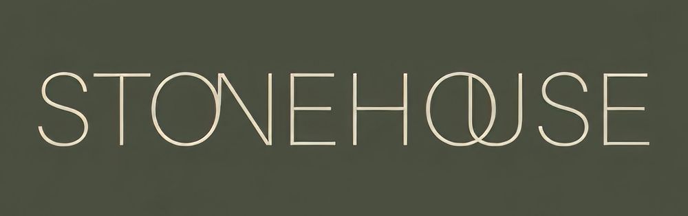Stonehouse logo in elegant serif lettering on a dark olive green background.
