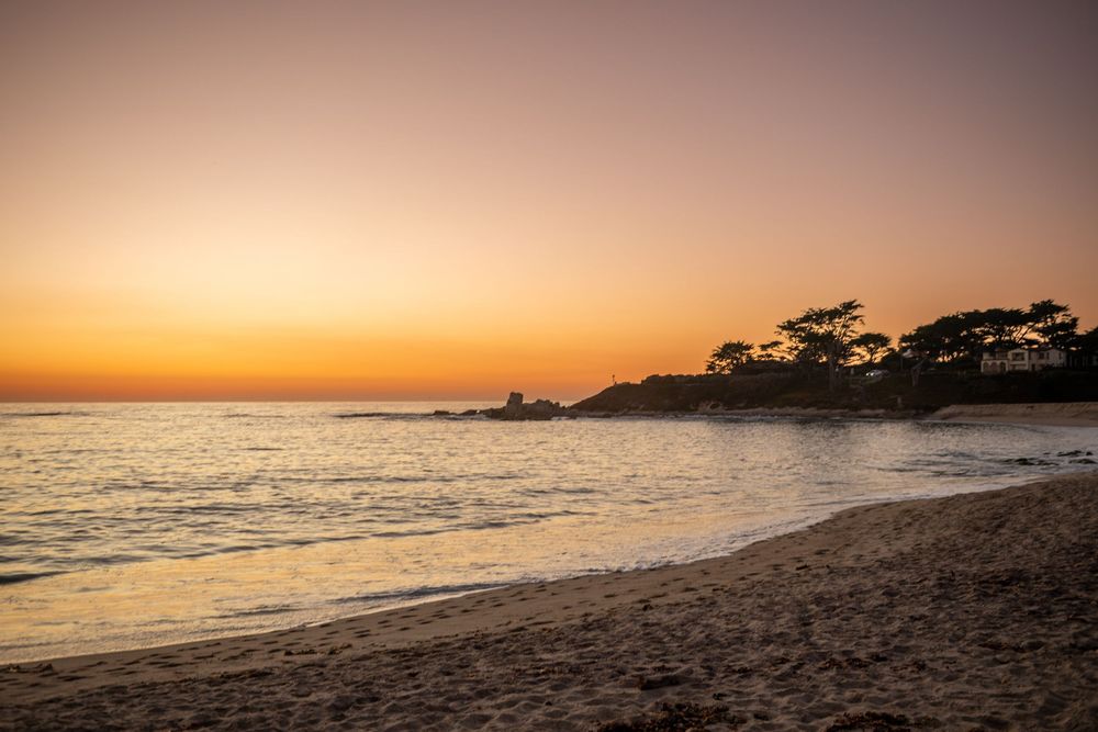 Golden sunset over a serene beach with calm waves, sandy shore, and silhouetted trees on rocky coastline.