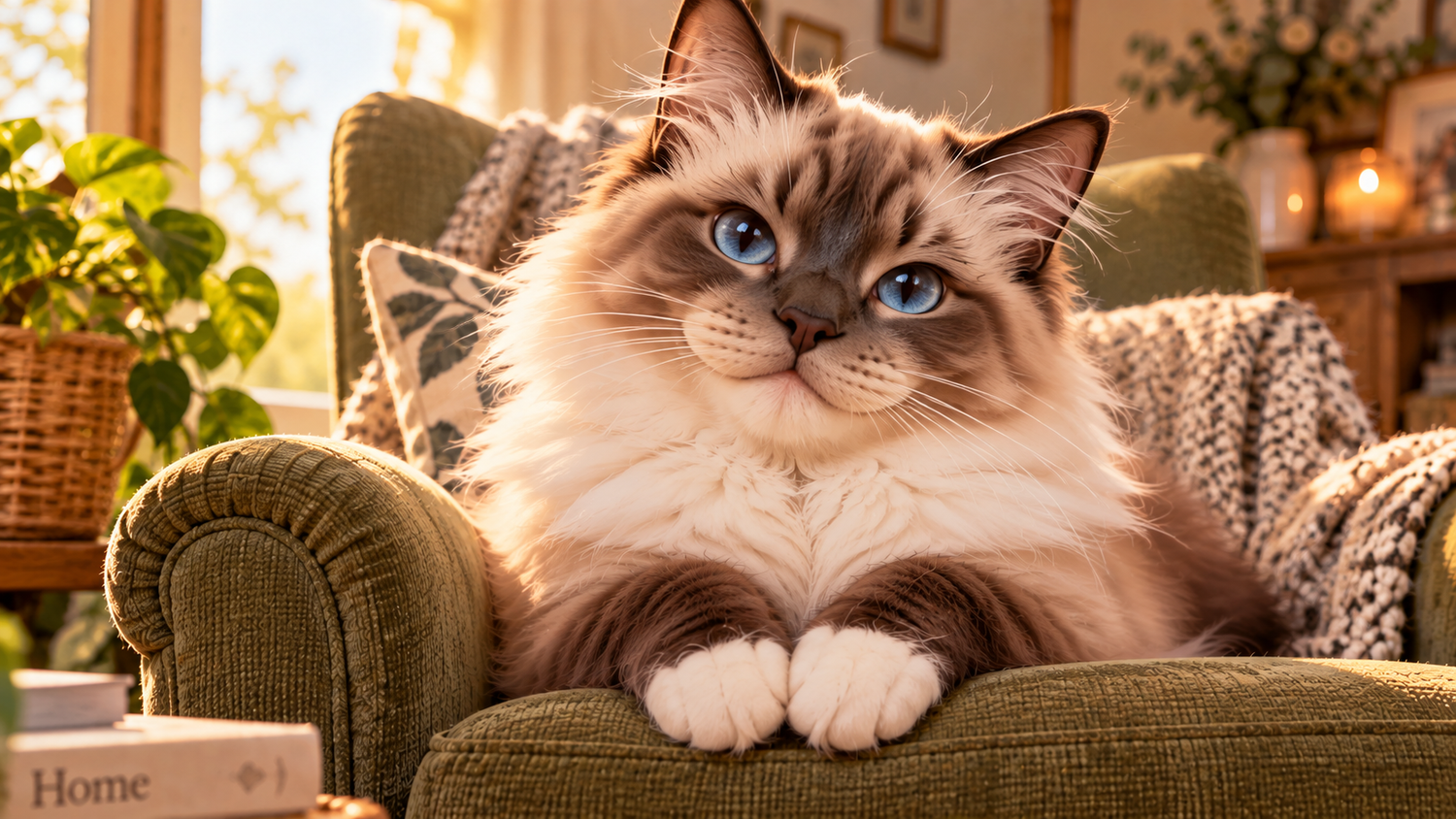 Whiskers & Co song It Belongs To Me – fluffy blue-eyed cat sitting contentedly in a cosy armchair