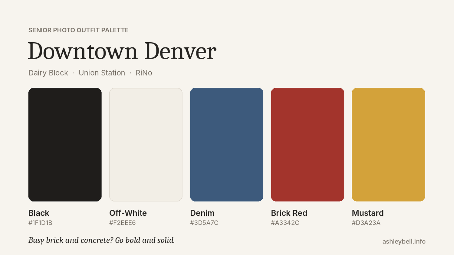 Downtown Denver senior photo outfit palette featuring black, off-white, denim, brick red, and mustard color swatches.