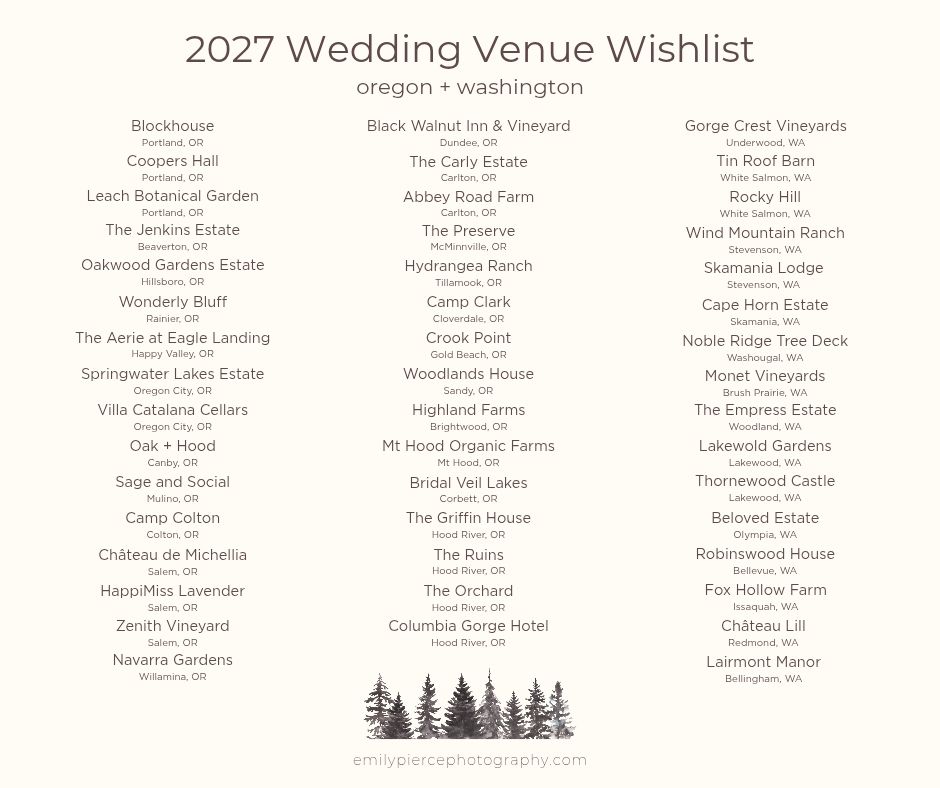 A Pinterest-style 2027 Wedding Venue Wishlist featuring Oregon and Washington venues with elegant typography on a white background.