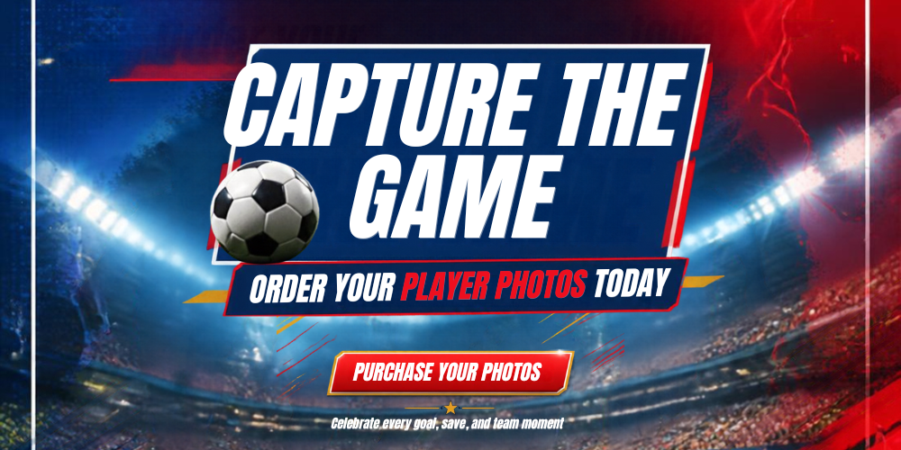 Soccer stadium banner promoting player photo orders with a football and bold text reading Capture The Game Order Your Player Photos Today.