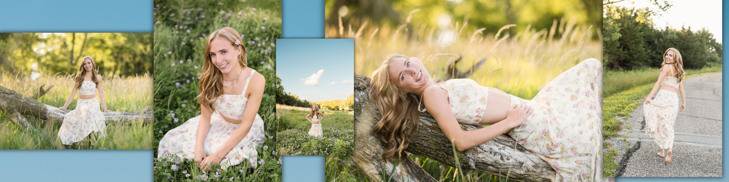A young woman in a flowy white lace dress poses gracefully in a sunny outdoor field for senior portraits.