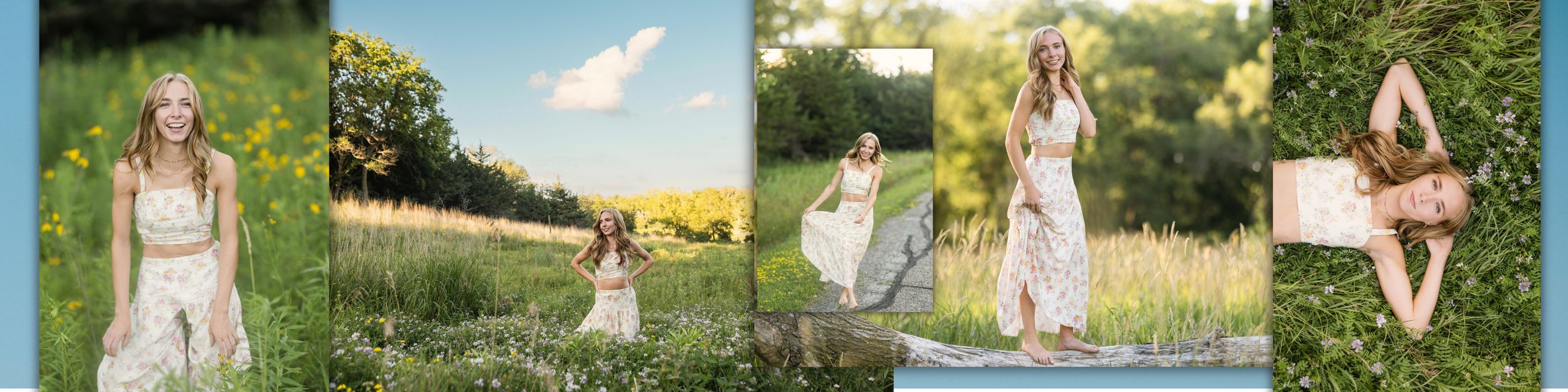 Young woman in white lace dress poses gracefully in sunny meadow with wildflowers and tall grass. JADE MADE